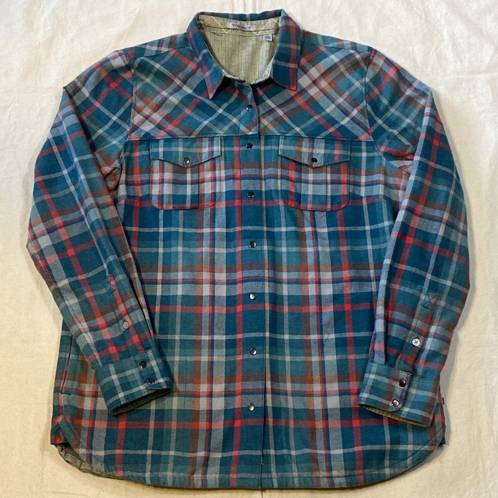 Toad and Co Telluride Sherpa Shirt Jacket Blue Wing Teal Plaid Mens Medium